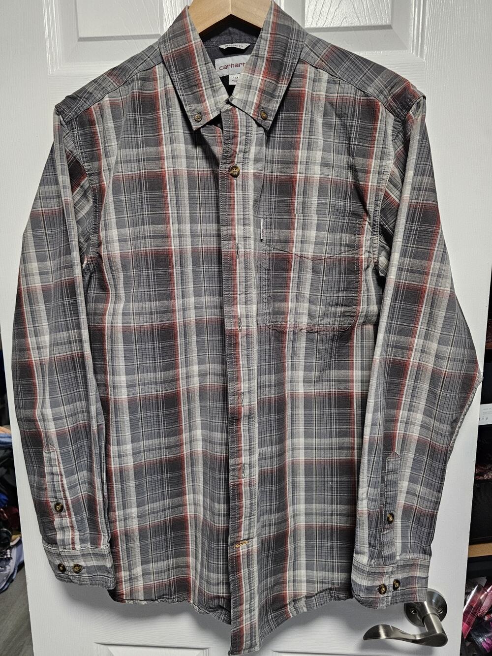 Carhartt Mens M Button Down Shirt Relaxed Fit Long Sleeve Gray Plaid